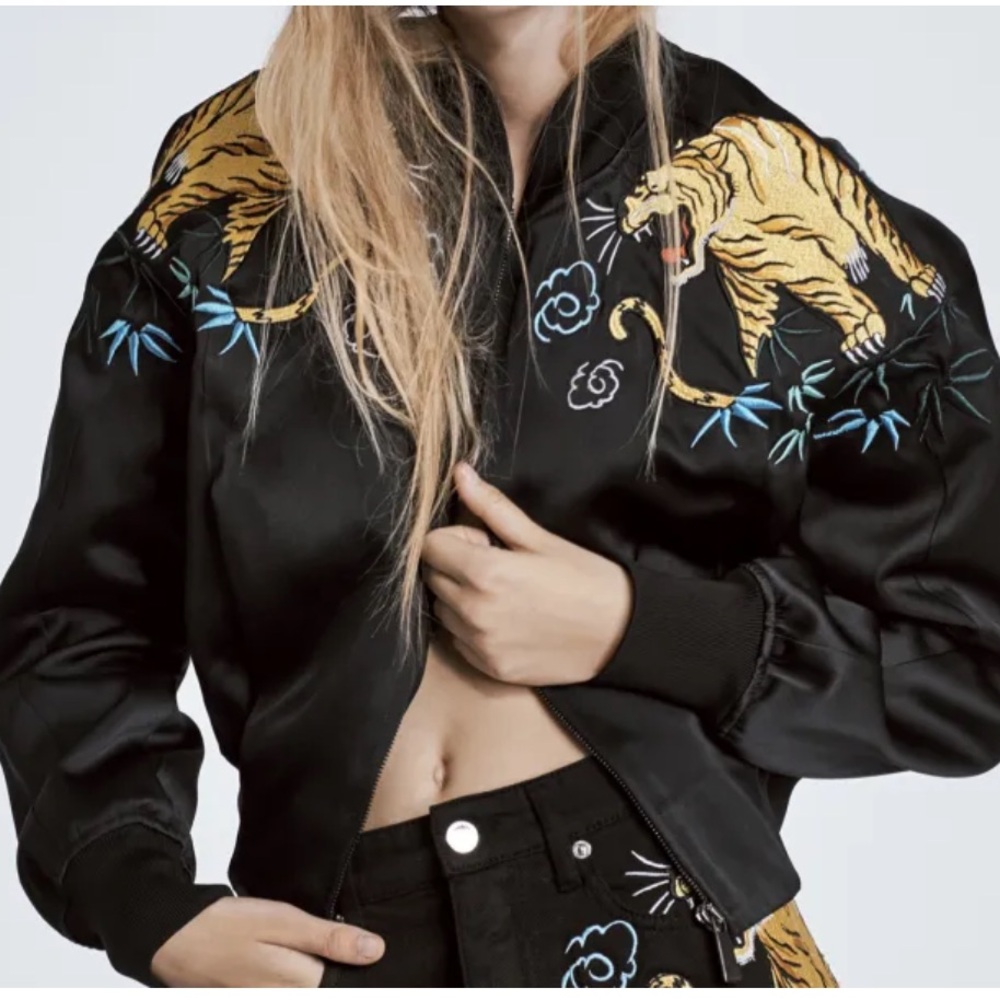 Marcelo Burlon County of Milan Black Amine Bomber Jacket with Tiger Embroidery